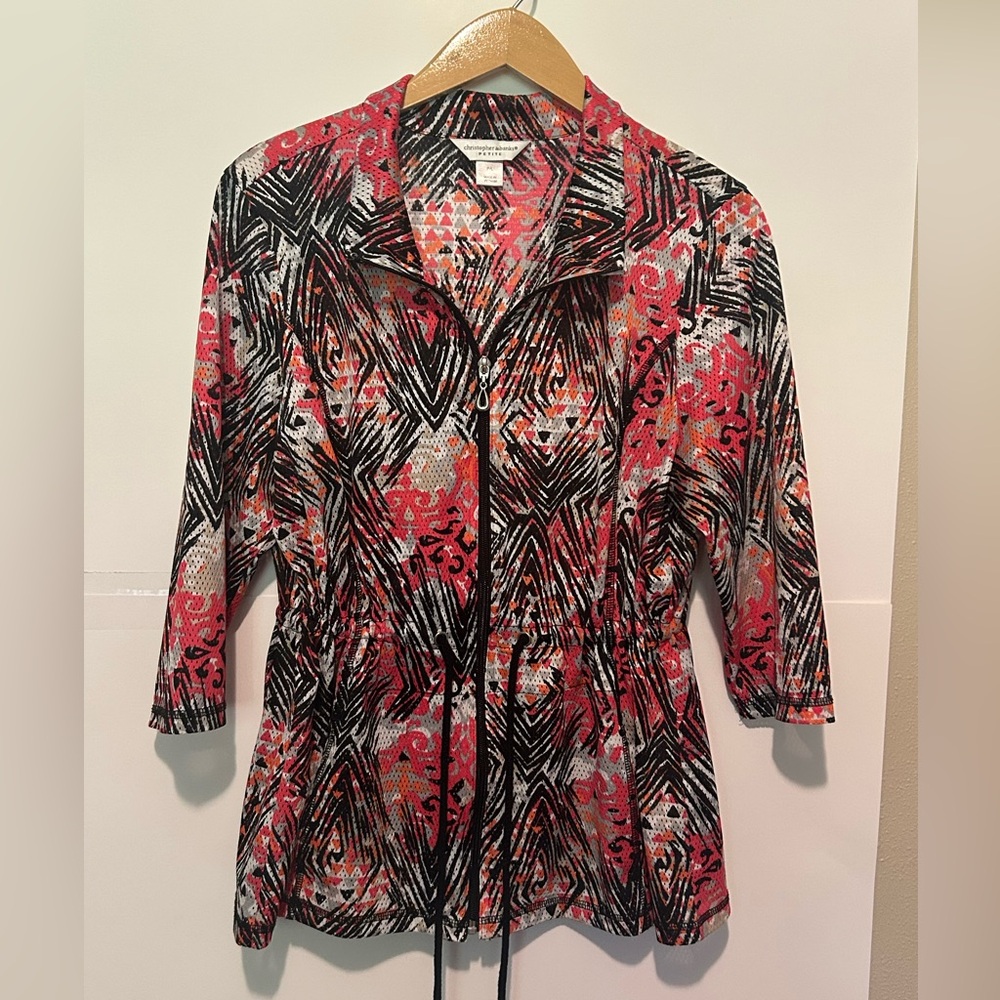 Christopher & Banks Petite -Colorful Patterned Zip-Up Jacket with a tie